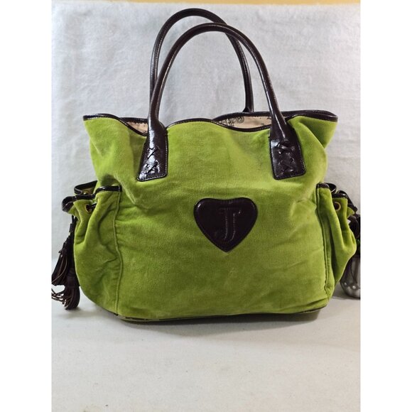 Y2K Juicy Couture Green Velvet Tote Bag With Black Leather Handles & Gold Accent - Picture 2 of 13